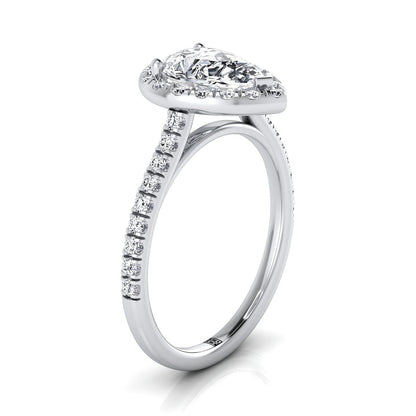 Platinum Pear Shape Center Classic French Pave Halo and Linear Engagement Ring -3/8ctw