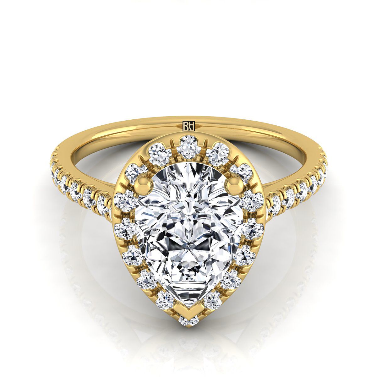18K Yellow Gold Pear Shape Center Classic French Pave Halo and Linear Engagement Ring -3/8ctw