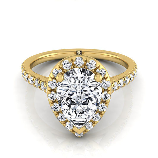 14K Yellow Gold Pear Shape Center Classic French Pave Halo and Linear Engagement Ring -3/8ctw