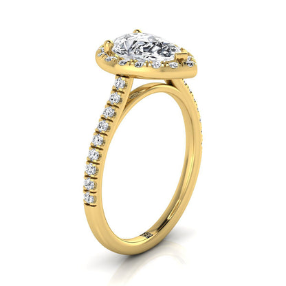 18K Yellow Gold Pear Shape Center Classic French Pave Halo and Linear Engagement Ring -3/8ctw