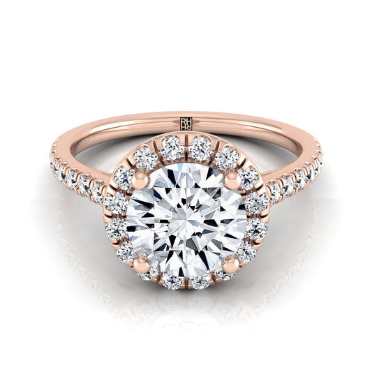 14K Rose Gold Round Brilliant Classic French Pave Halo and Linear Engagement Ring -3/8ctw