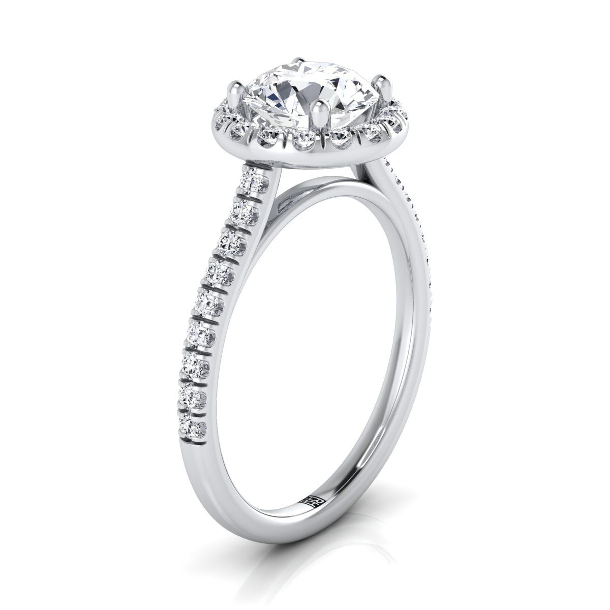 18K White Gold Round Brilliant Classic French Pave Halo and Linear Engagement Ring -3/8ctw
