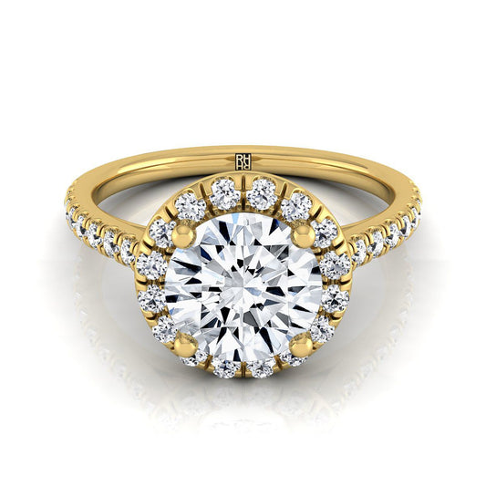 18K Yellow Gold Round Brilliant Classic French Pave Halo and Linear Engagement Ring -3/8ctw