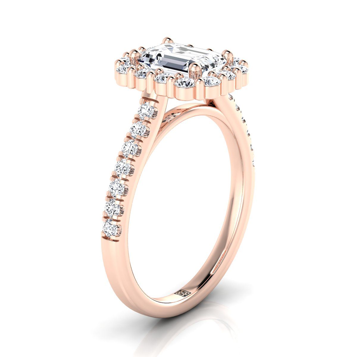 14K Rose Gold Emerald Cut Diamond Shared Prong Halo Engagement Ring -5/8ctw
