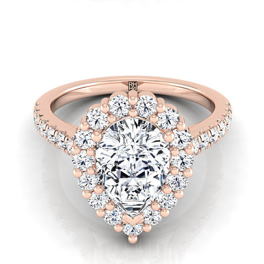 14K Rose Gold Pear Shape Center Diamond Shared Prong Halo Engagement Ring -5/8ctw