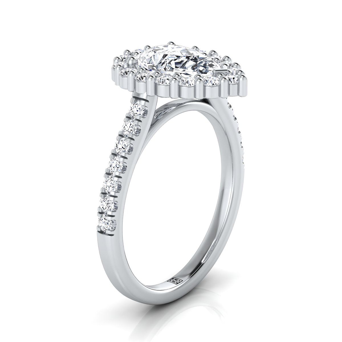 14K White Gold Pear Shape Center Diamond Shared Prong Halo Engagement Ring -5/8ctw