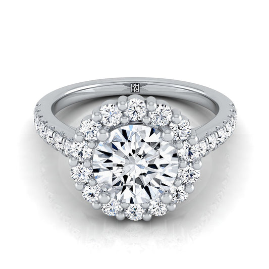 18K White Gold Round Brilliant Diamond Shared Prong Halo Engagement Ring -5/8ctw