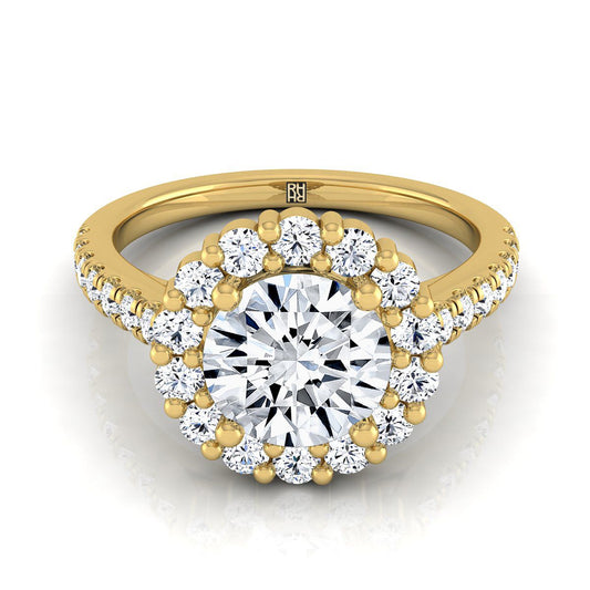 18K Yellow Gold Round Brilliant Diamond Shared Prong Halo Engagement Ring -5/8ctw
