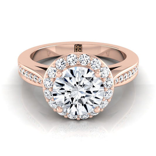 14K Rose Gold Round Brilliant Diamond Straight Channel Row French Pave Halo Engagement Ring -3/8ctw