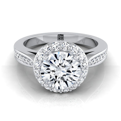 Platinum Round Brilliant Diamond Straight Channel Row French Pave Halo Engagement Ring -3/8ctw