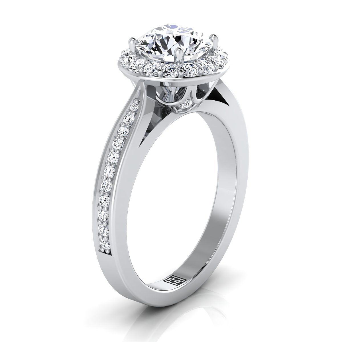 Platinum Round Brilliant Diamond Straight Channel Row French Pave Halo Engagement Ring -3/8ctw