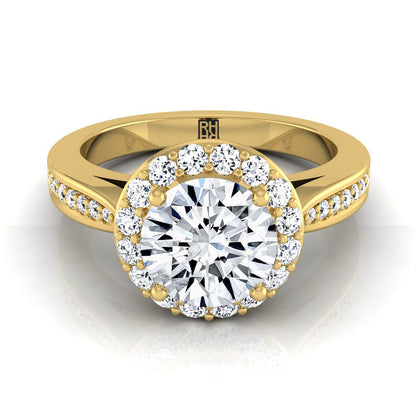 18K Yellow Gold Round Brilliant Diamond Straight Channel Row French Pave Halo Engagement Ring -3/8ctw