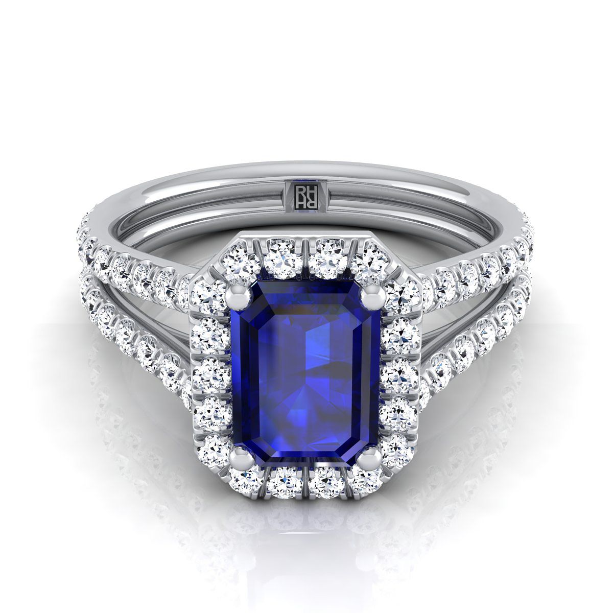 18K White Gold Emerald Cut Sapphire Halo Two Row Pavé Diamond Split Shank Engagement Ring -7/8ctw