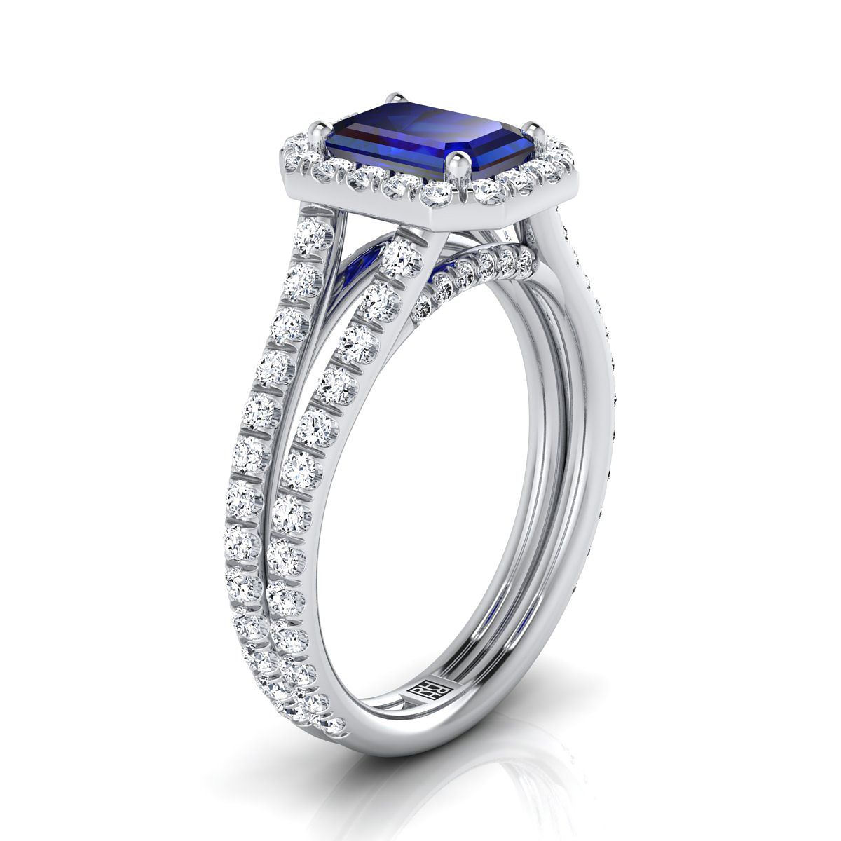 18K White Gold Emerald Cut Sapphire Halo Two Row Pavé Diamond Split Shank Engagement Ring -7/8ctw