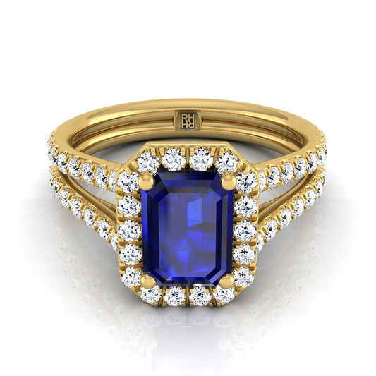 18K Yellow Gold Emerald Cut Sapphire Halo Two Row Pavé Diamond Split Shank Engagement Ring -7/8ctw
