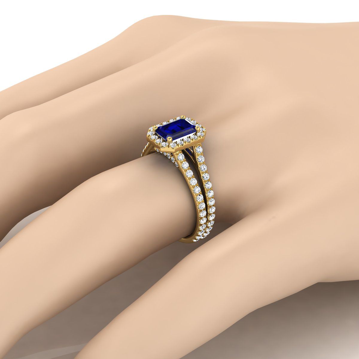 18K Yellow Gold Emerald Cut Sapphire Halo Two Row Pavé Diamond Split Shank Engagement Ring -7/8ctw