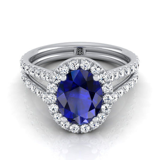 14K White Gold Oval Sapphire Halo Two Row Pavé Diamond Split Shank Engagement Ring -7/8ctw