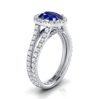Platinum Oval Sapphire Halo Two Row Pavé Diamond Split Shank Engagement Ring -7/8ctw
