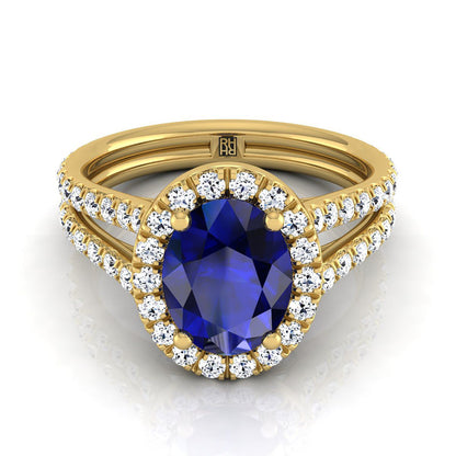 18K Yellow Gold Oval Sapphire Halo Two Row Pavé Diamond Split Shank Engagement Ring -7/8ctw