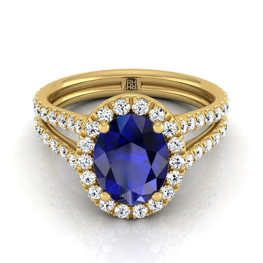 14K Yellow Gold Oval Sapphire Halo Two Row Pavé Diamond Split Shank Engagement Ring -7/8ctw