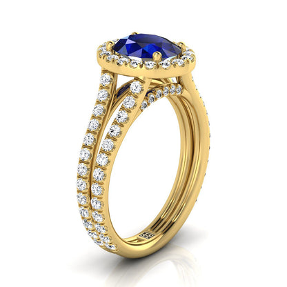 14K Yellow Gold Oval Sapphire Halo Two Row Pavé Diamond Split Shank Engagement Ring -7/8ctw