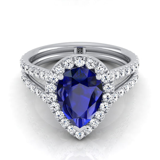 18K White Gold Pear Shape Center Sapphire Halo Two Row Pavé Diamond Split Shank Engagement Ring -7/8ctw