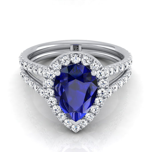 14K White Gold Pear Shape Center Sapphire Halo Two Row Pavé Diamond Split Shank Engagement Ring -7/8ctw