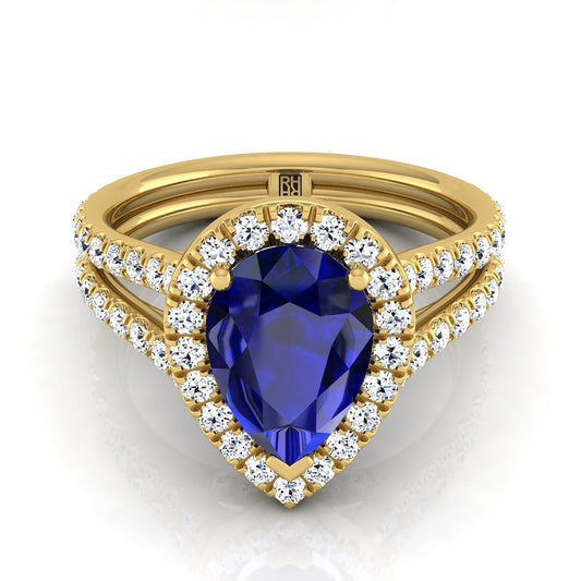 18K Yellow Gold Pear Shape Center Sapphire Halo Two Row Pavé Diamond Split Shank Engagement Ring -7/8ctw