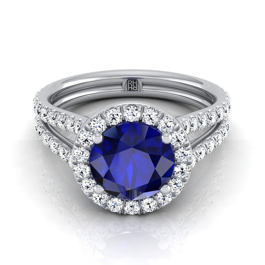 18K White Gold Round Brilliant Sapphire Halo Two Row Pavé Diamond Split Shank Engagement Ring -7/8ctw