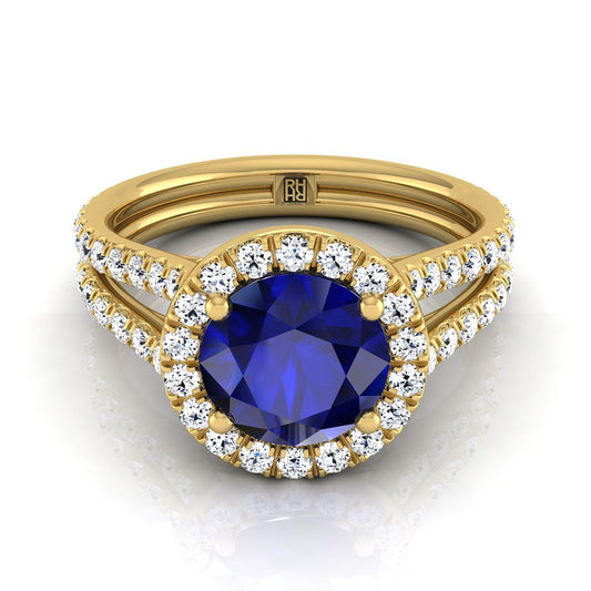 14K Yellow Gold Round Brilliant Sapphire Halo Two Row Pavé Diamond Split Shank Engagement Ring -7/8ctw