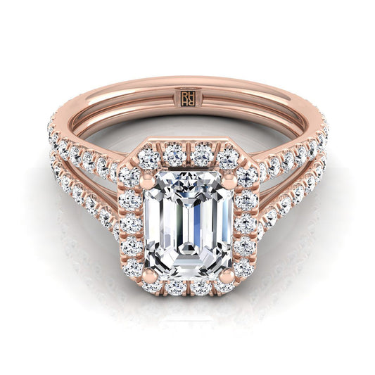 14K Rose Gold Emerald Cut Diamond Halo Two Row Pavé Split Shank Engagement Ring -7/8ctw