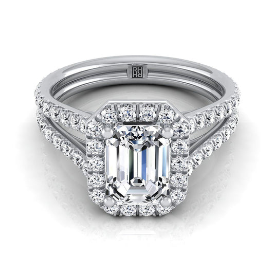Platinum Emerald Cut Diamond Halo Two Row Pavé Split Shank Engagement Ring -7/8ctw