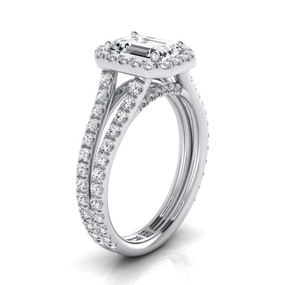 18K White Gold Emerald Cut Diamond Halo Two Row Pavé Split Shank Engagement Ring -7/8ctw