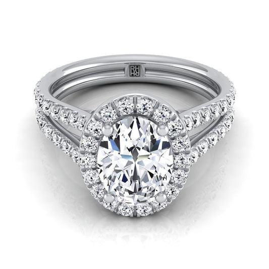14K White Gold Oval Diamond Halo Two Row Pavé Split Shank Engagement Ring -7/8ctw