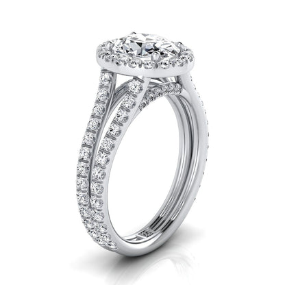 18K White Gold Oval Diamond Halo Two Row Pavé Split Shank Engagement Ring -7/8ctw