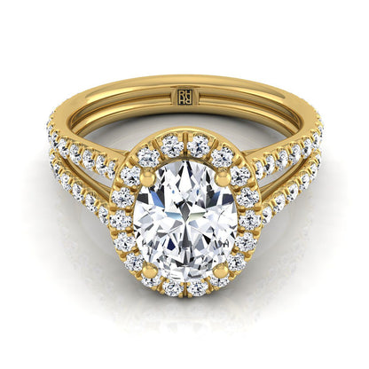 14K Yellow Gold Oval Diamond Halo Two Row Pavé Split Shank Engagement Ring -7/8ctw