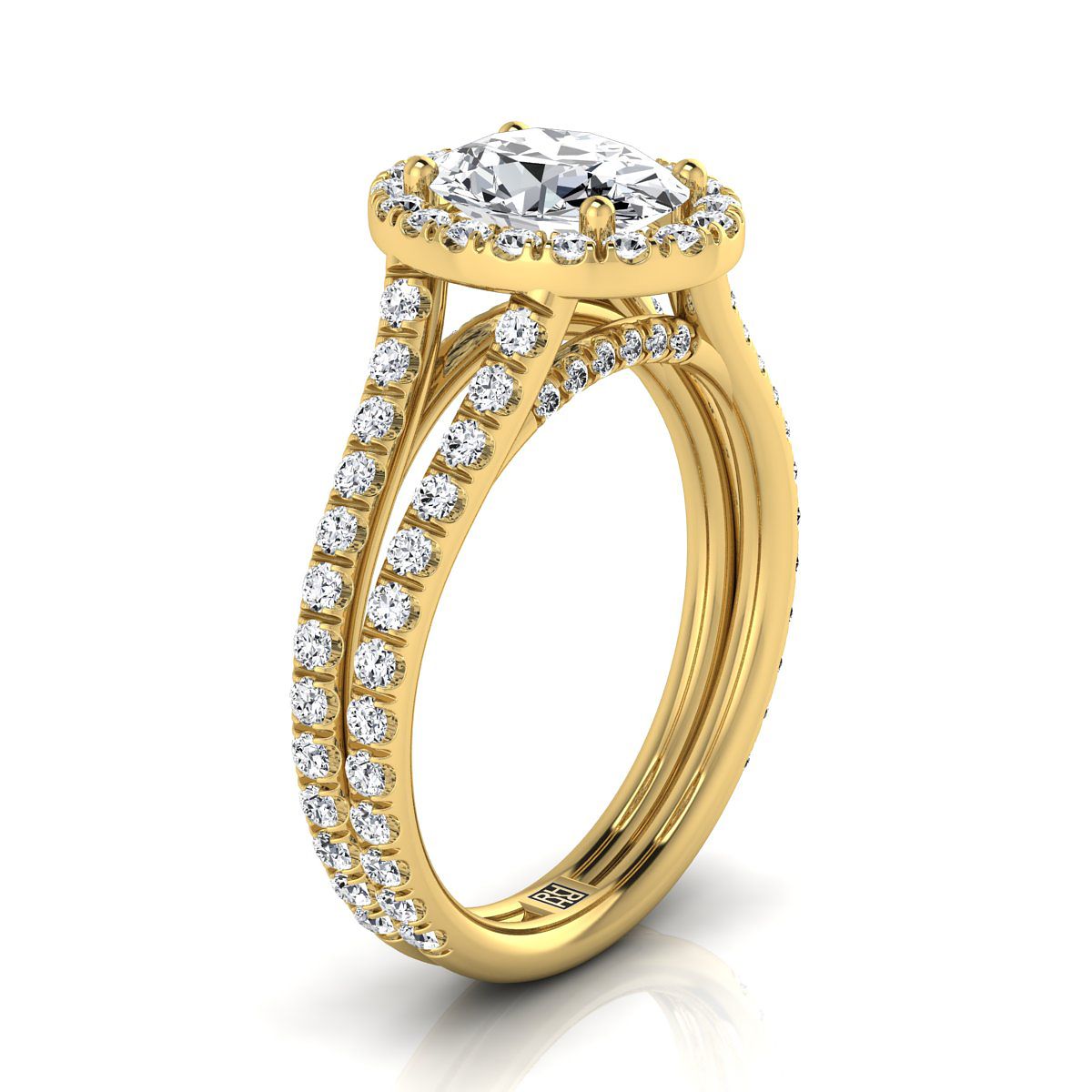 18K Yellow Gold Oval Diamond Halo Two Row Pavé Split Shank Engagement Ring -7/8ctw