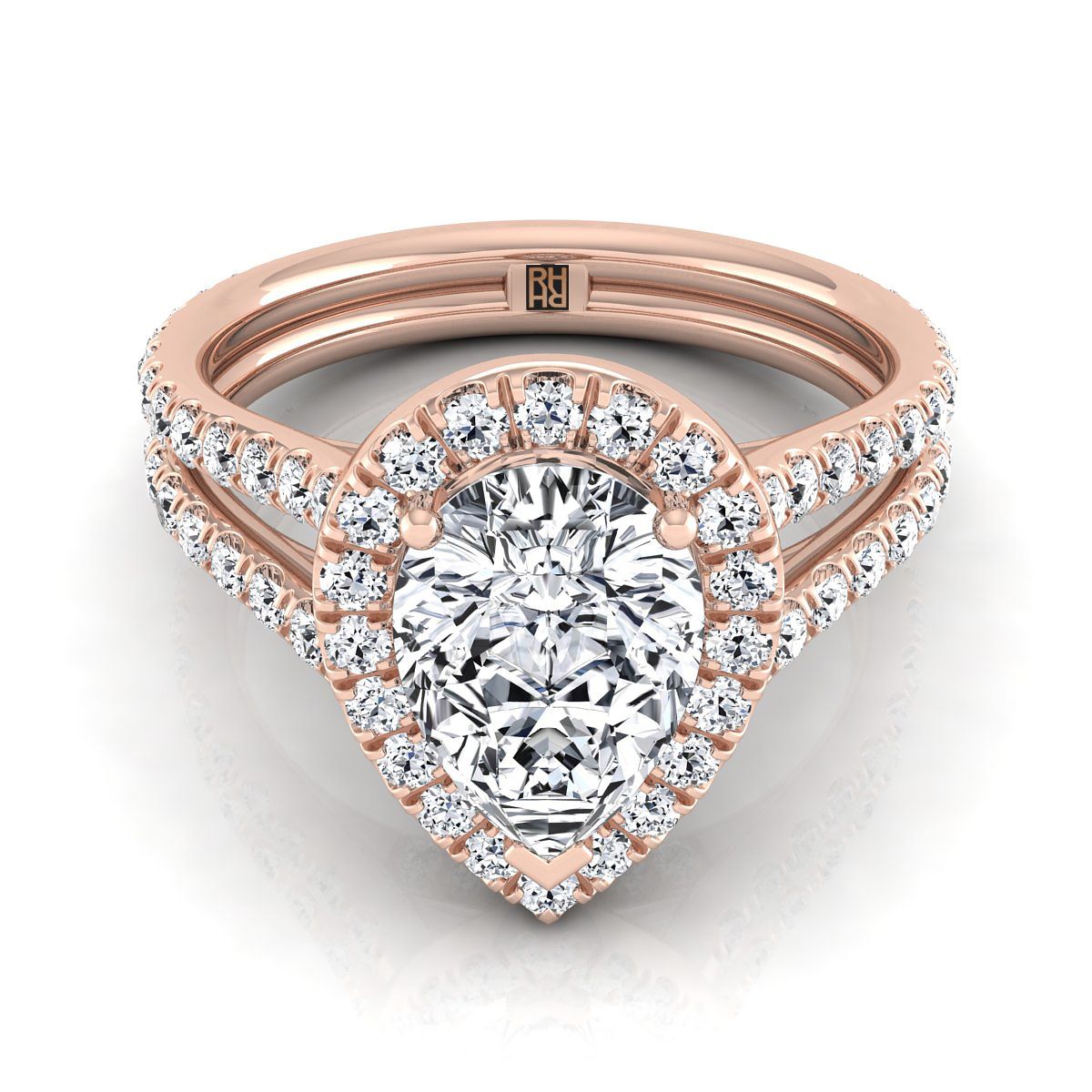 14K Rose Gold Pear Shape Center Diamond Halo Two Row Pavé Split Shank Engagement Ring -7/8ctw