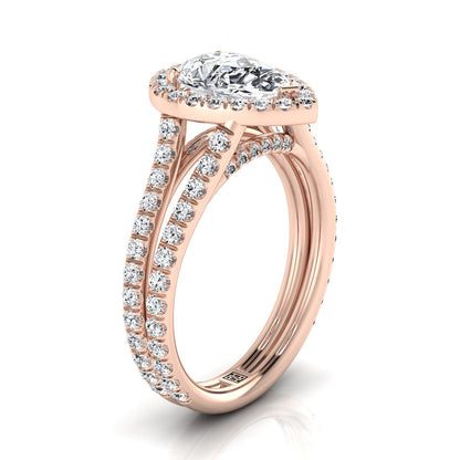 14K Rose Gold Pear Shape Center Diamond Halo Two Row Pavé Split Shank Engagement Ring -7/8ctw