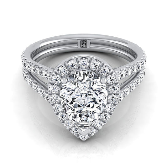 14K White Gold Pear Shape Center Diamond Halo Two Row Pavé Split Shank Engagement Ring -7/8ctw
