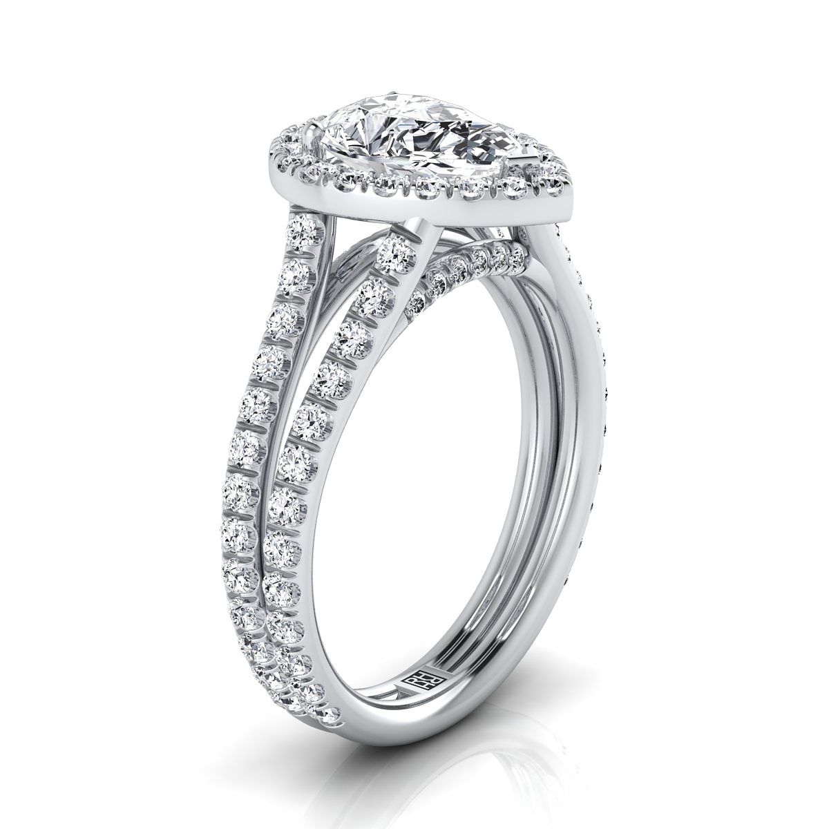 18K White Gold Pear Shape Center Diamond Halo Two Row Pavé Split Shank Engagement Ring -7/8ctw