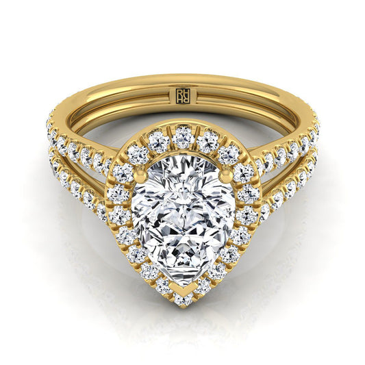 14K Yellow Gold Pear Shape Center Diamond Halo Two Row Pavé Split Shank Engagement Ring -7/8ctw