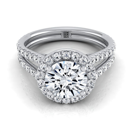18K White Gold Round Brilliant Diamond Halo Two Row Pavé Split Shank Engagement Ring -7/8ctw