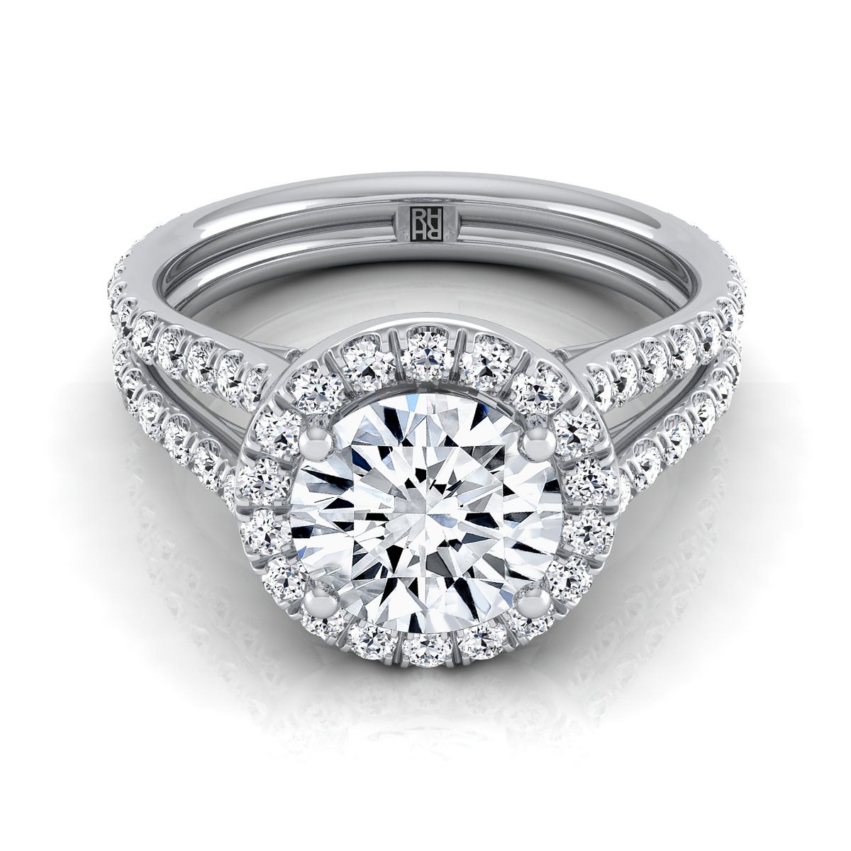 14K White Gold Round Brilliant Diamond Halo Two Row Pavé Split Shank Engagement Ring -7/8ctw