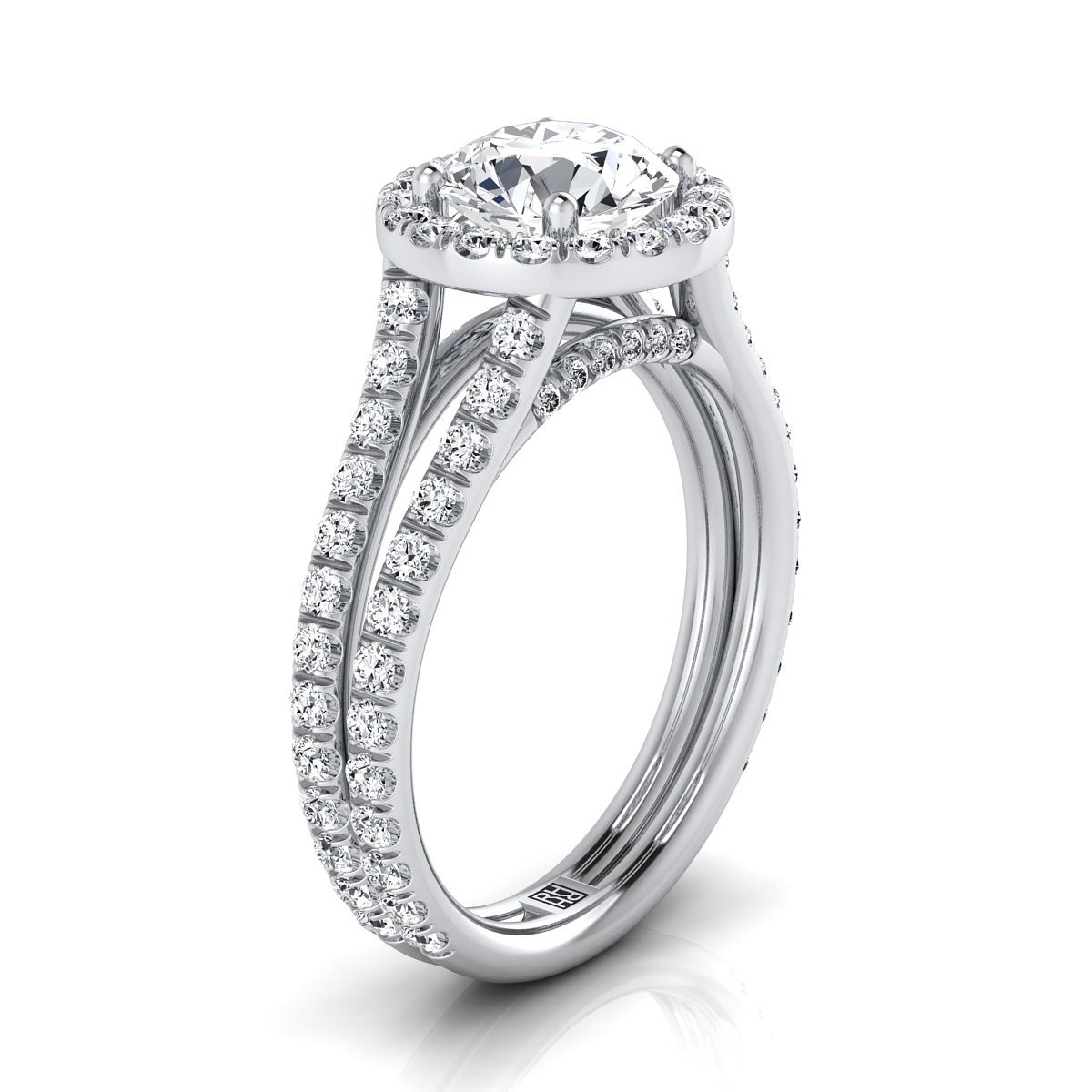 18K White Gold Round Brilliant Diamond Halo Two Row Pavé Split Shank Engagement Ring -7/8ctw