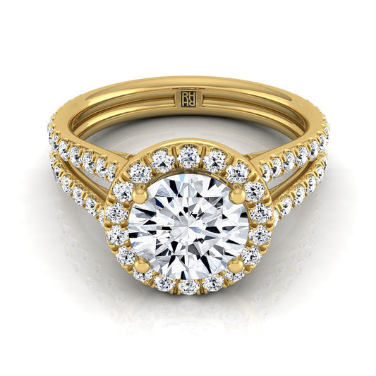 18K Yellow Gold Round Brilliant Diamond Halo Two Row Pavé Split Shank Engagement Ring -7/8ctw