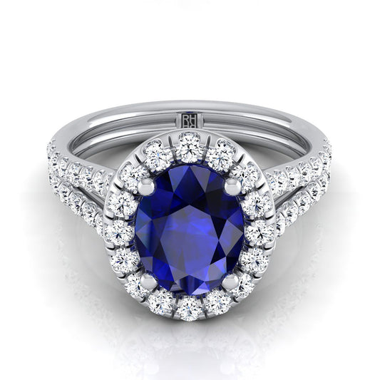 18K White Gold Oval Sapphire French Pave Split Shank Diamond Halo Engagement Ring -5/8ctw