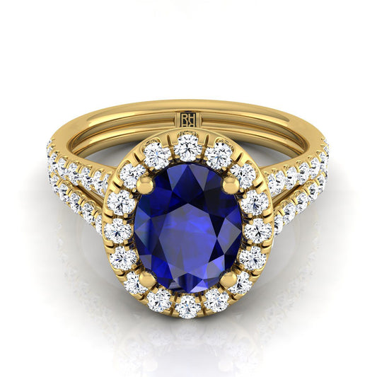14K Yellow Gold Oval Sapphire French Pave Split Shank Diamond Halo Engagement Ring -5/8ctw
