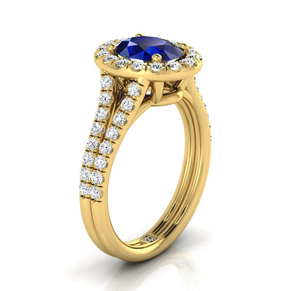 14K Yellow Gold Oval Sapphire French Pave Split Shank Diamond Halo Engagement Ring -5/8ctw