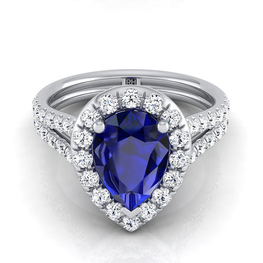 18K White Gold Pear Shape Center Sapphire French Pave Split Shank Diamond Halo Engagement Ring -5/8ctw